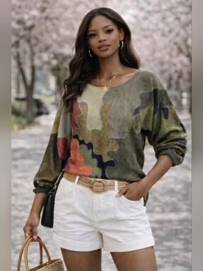 Colorful Camo Knit Sweater Made in Italy | Chic Oversized Dolman Top